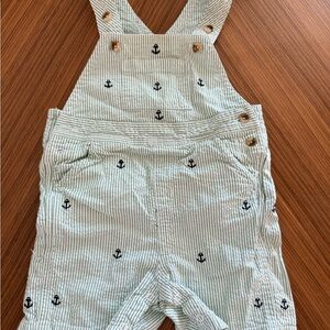 Striped Green Searsucker Overalls with Anchor Print